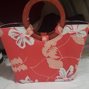 Pink and Brown Tropical Tote with Wooden Handles